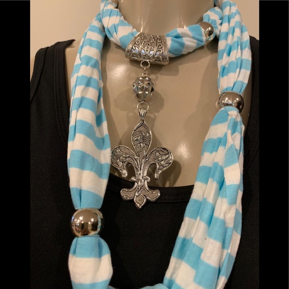 New Blue and white stripes scarf with  fleur de Lis charm and silver beads